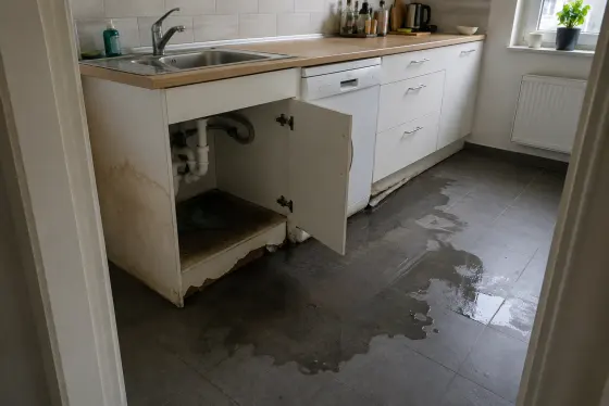 Küche mit offenem Spülenunterschrank, Wasser läuft über die Bodenfliesen (KI-generiertes Beispielbild)